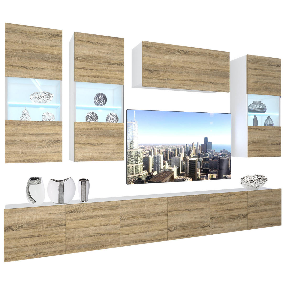 WOHNZIMMERWAND Schrankwand mit LED Sonoma Eiche - Beige, Holz (300/180/36cm) - B BELINI GROUP