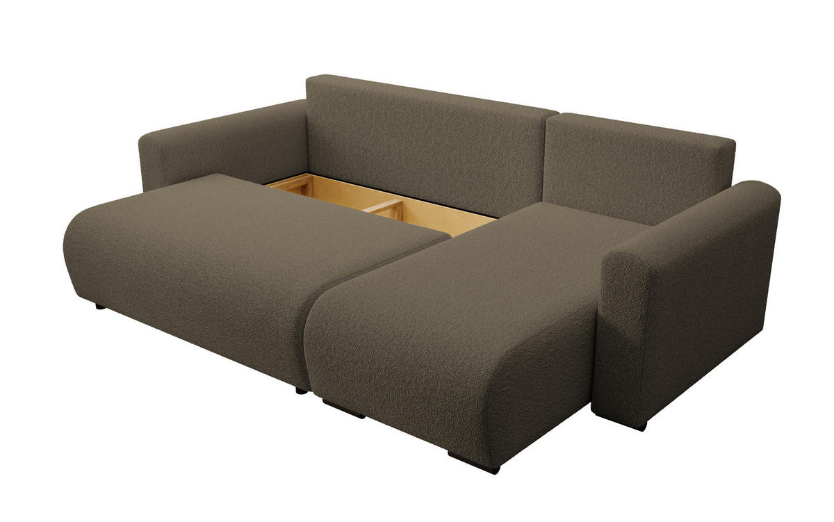 ECKSOFA DORA L, Eckcouch in L-Form mit Schlaffunktion und Bettkasten, Farbe: Cappuccino, Bouclé-Stoff, Ottomane Rechts - Cappuccino, Textil (240/143cm) - Storez24