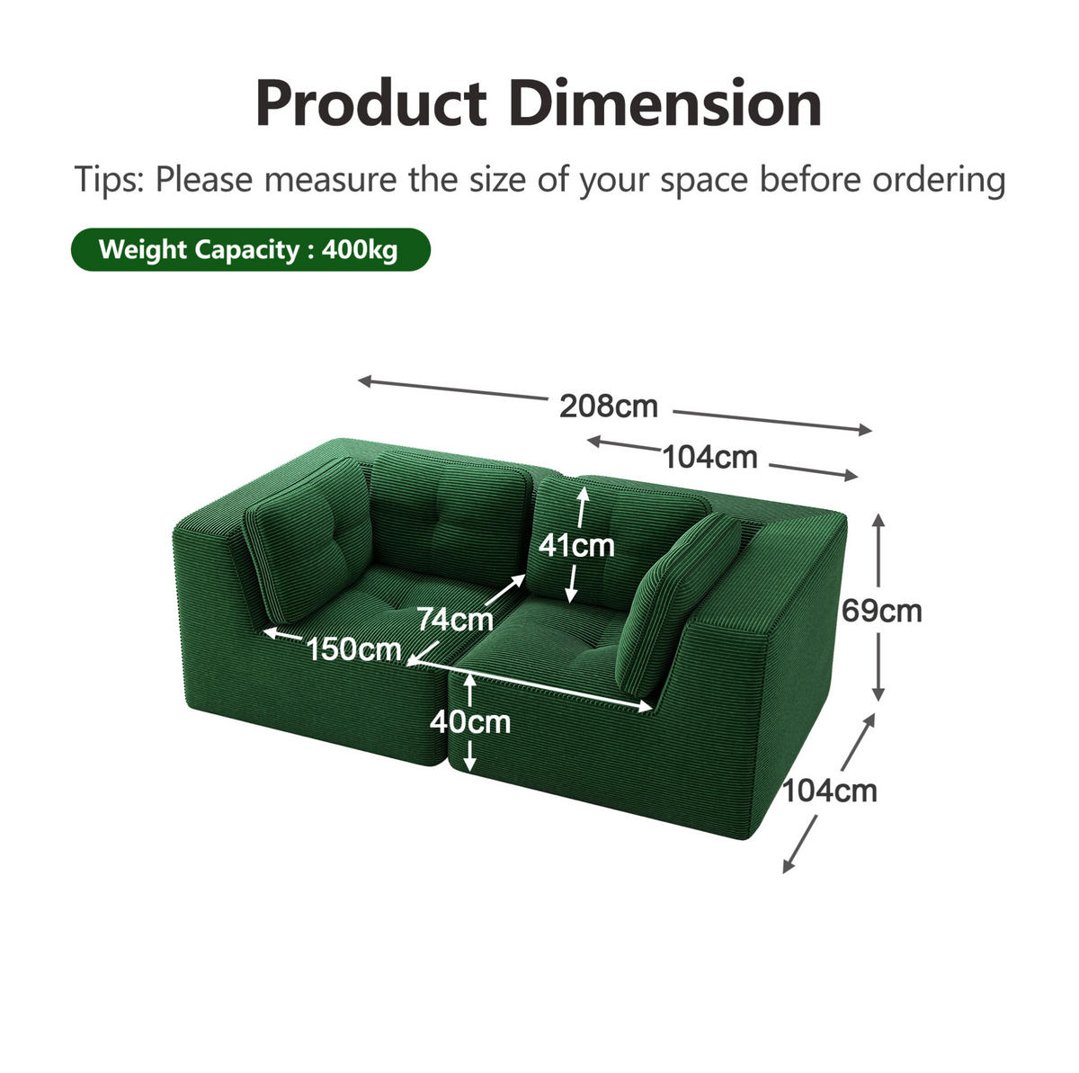 ECKSOFA 208/104/69 cm grün aus Cord mit modularem Design und weichem Sitzkomfort - Grün, Textil (104/208cm) - OKWISH