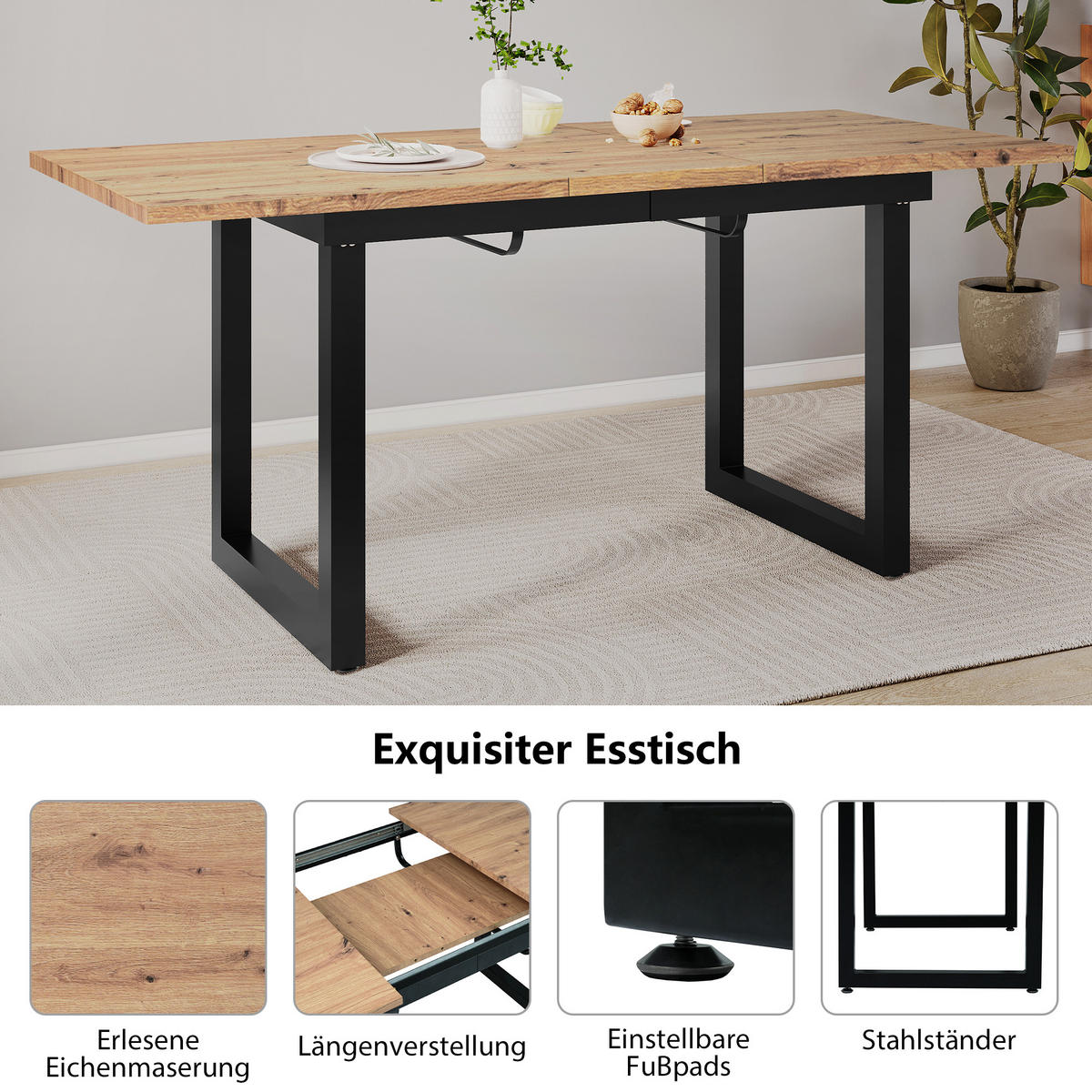 ESSTISCH Erweiterbar Eicheoptik schwarz - Eichefarben, Holz/Metall (180/80/75cm) - Urban Meuble