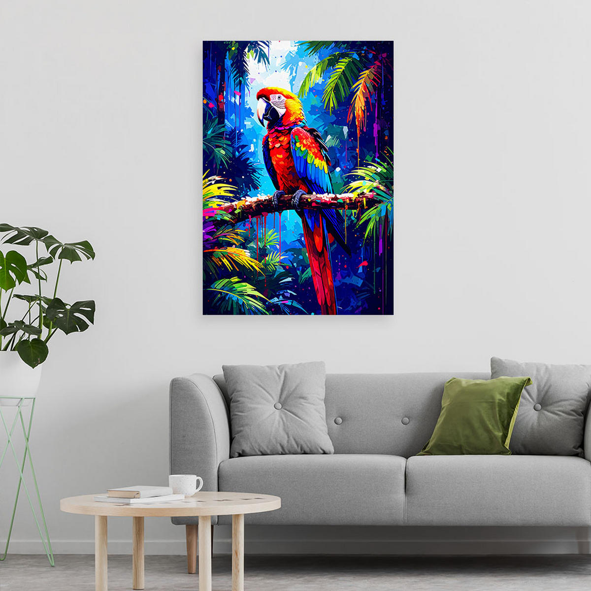 LEINWANDBILD Bunter Papagei auf einem Ast 60x90cm - Multicolor, Textil (60/90cm) - Feeby