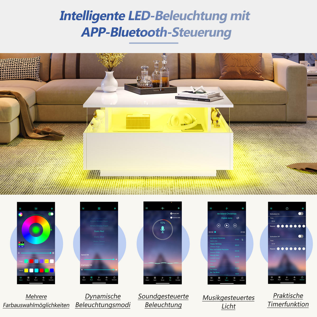 COUCHTISCH DE-110 LED Hochglanz Weiß - Weiß, Holzwerkstoff (70/70/41cm) - ComfortXL
