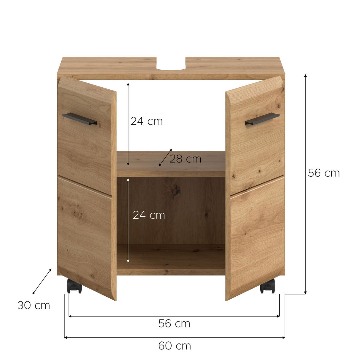 WASCHBECKENUNTERSCHRANK auf Rollen ICE (B/H/T: ca. 60/58/30 cm) in Artisan Oak Nachbildung/Artisan Oak Nachbildung - Eiche Artisan, Holzwerkstoff (60/58/30cm)