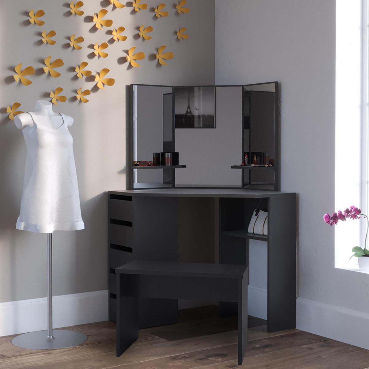 ECKSCHMINKTISCH Arielle Schwarz 110 cm mit Bank - Schwarz, Holzwerkstoff (110/141.5/54cm) - Vicco