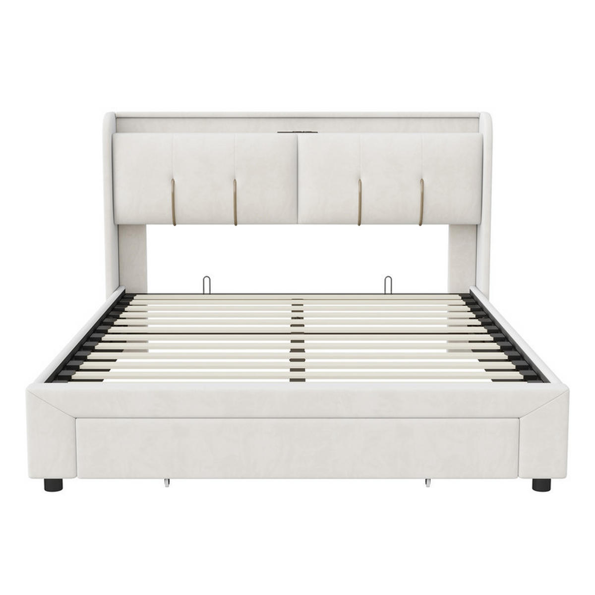 POLSTERBETT 160x200cm, Beige, Samt, mit LED-Lichtleiste und USB-Ladeanschluss, Schubladen, ohne Matratze - Beige, Holz (160/200cm) - WoodenAura