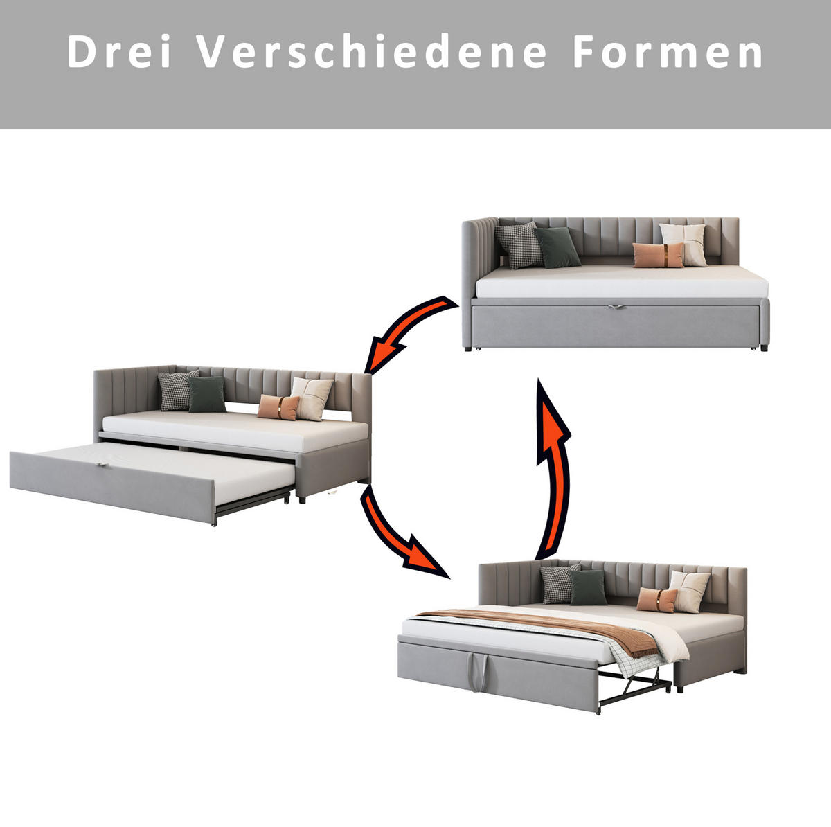 POLSTERBETT 90/200 cm Grau aus Samt mit Ausziehbett - Grau, Textil (90/180cm) - OKMYHOME
