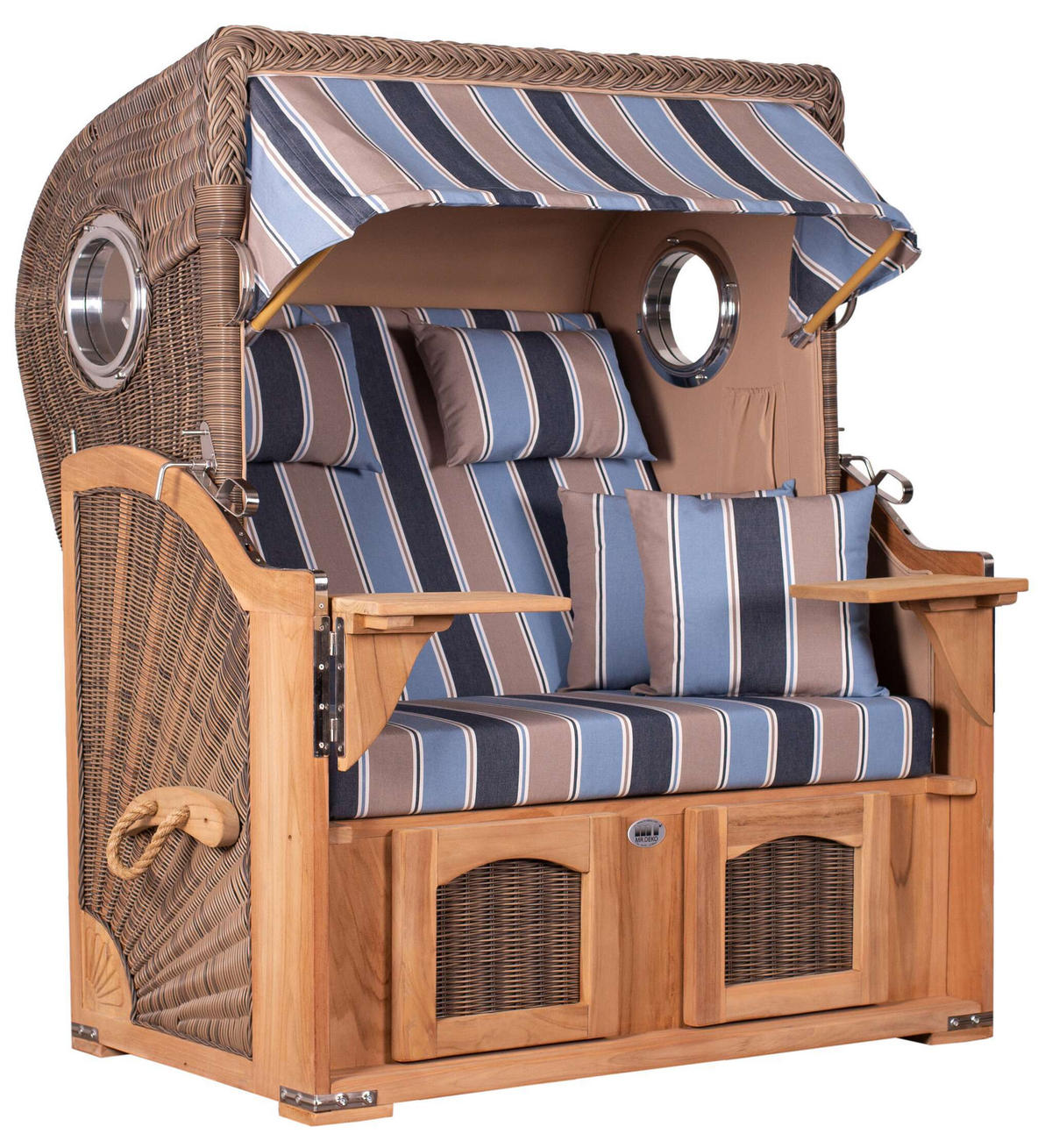 STRANDKORB Düne 2 Sitzer Teak PE Grey - Blau/Beige, Holz/Metall (125/170/80cm) - Mr. Deko