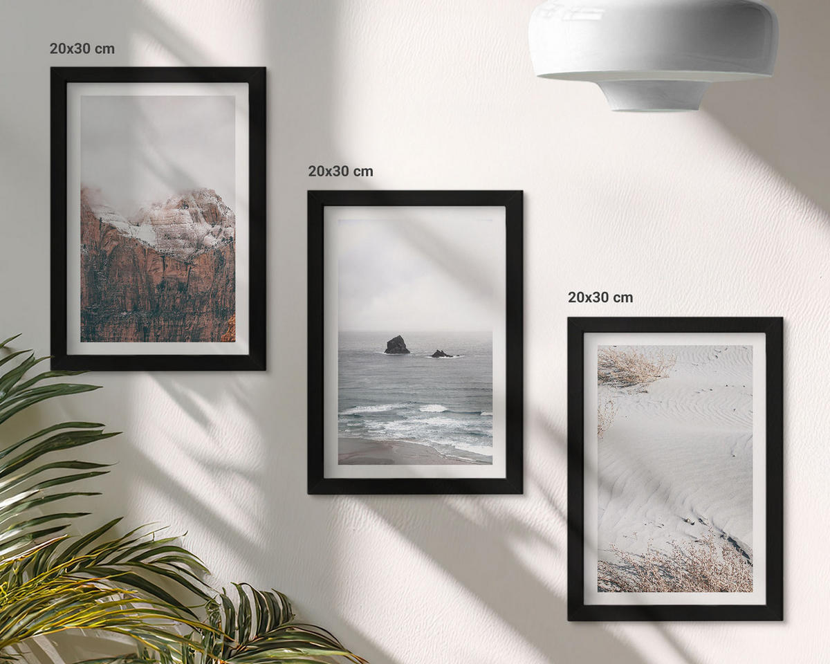 BILDER SET 3er Set - 20x30 cm Schwarzer Rahmen - Berge, Wolken, Meer, Sand, Natur - Schwarz, Kunststoff (20/30cm) - TULUP