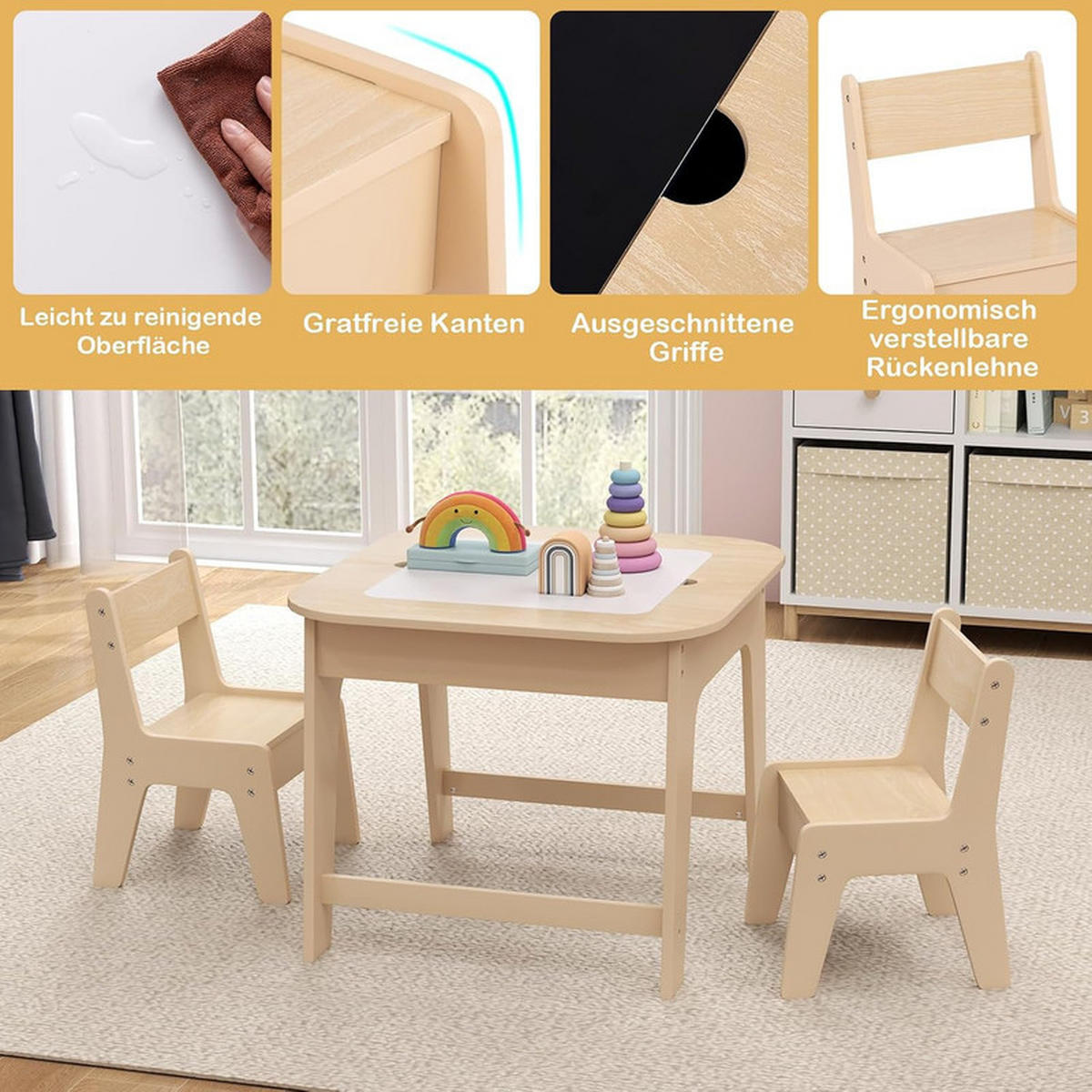KINDERTISCH mit 2 Stühlen natur (3-tlg) - Naturfarben, Holzwerkstoff (60/49/60cm) - COSTWAY