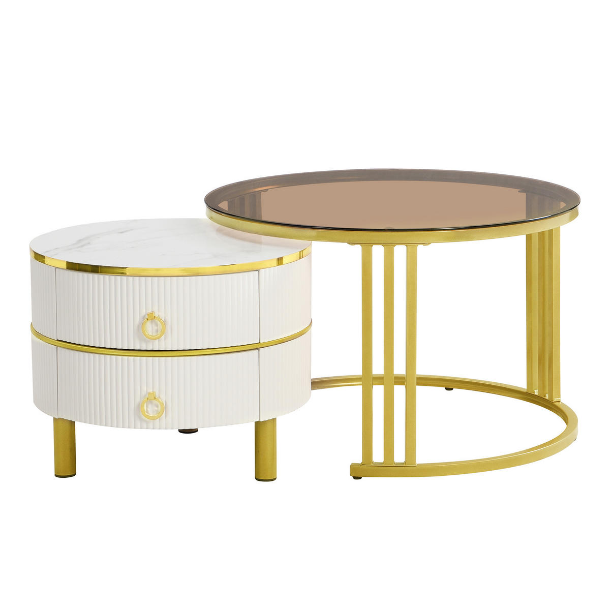 COUCHTISCH-SET 2-teilig, rund, MDF & Hartglas, 2 Schubladen, 70/70/45 + 50/50/40 cm，Weiß - Weiß, Holzwerkstoff (70/70/45cm) - Redom