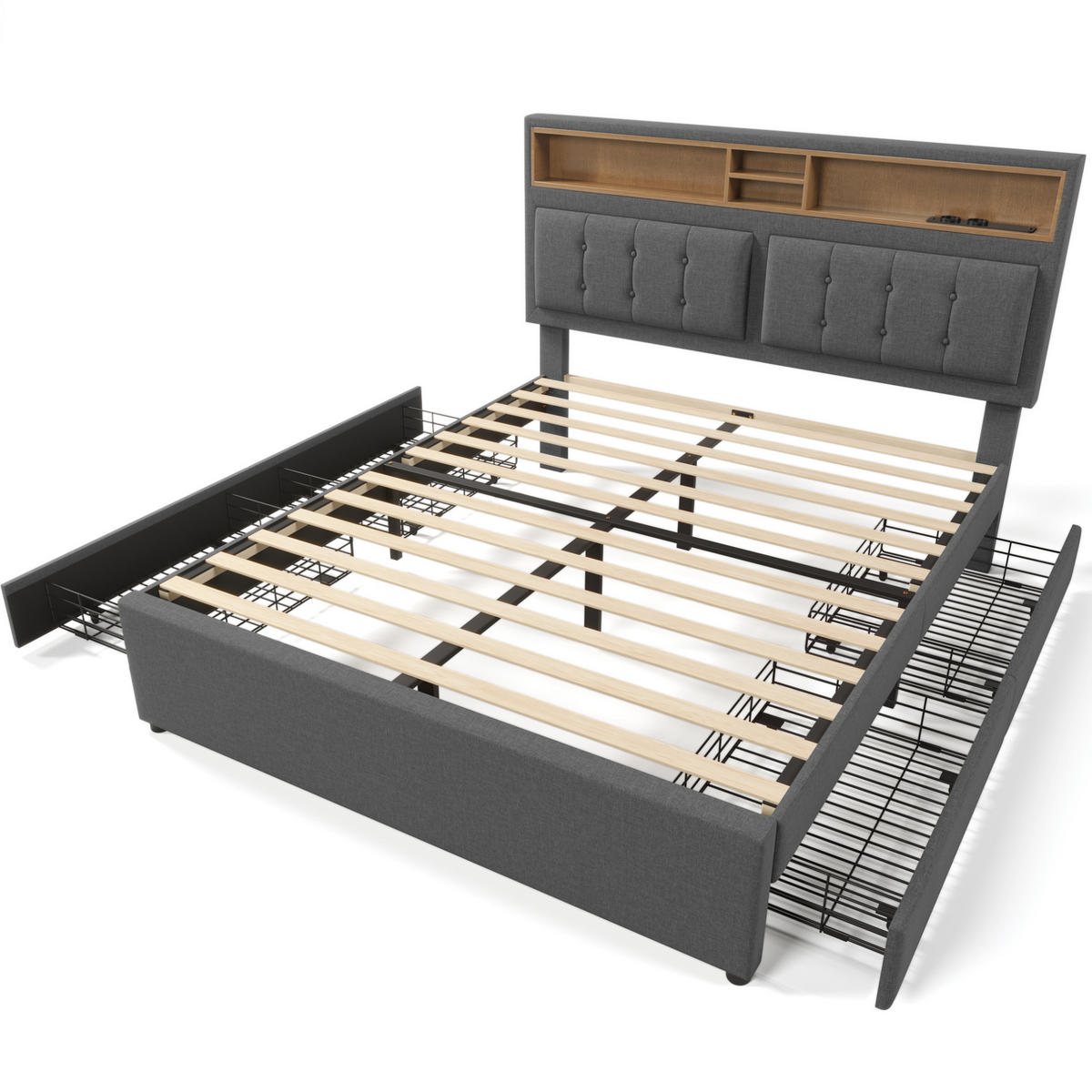 BETT mit 4 Schubladen & USB-C 140x200 cm Leinen Grau - Grau, Metall (140/200cm) - Meubliv