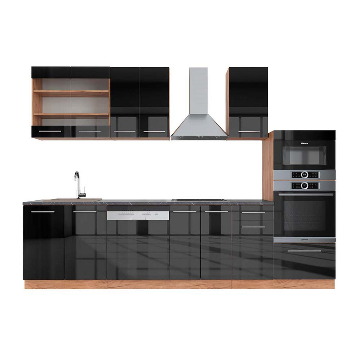 KÜCHENZEILE Fame-Line Anthrazit Hochglanz/Goldkraft Eiche 300 cm AP Anthrazit - Honigeiche/Anthrazit, Holzwerkstoff (300/81.6/60cm) - Vicco