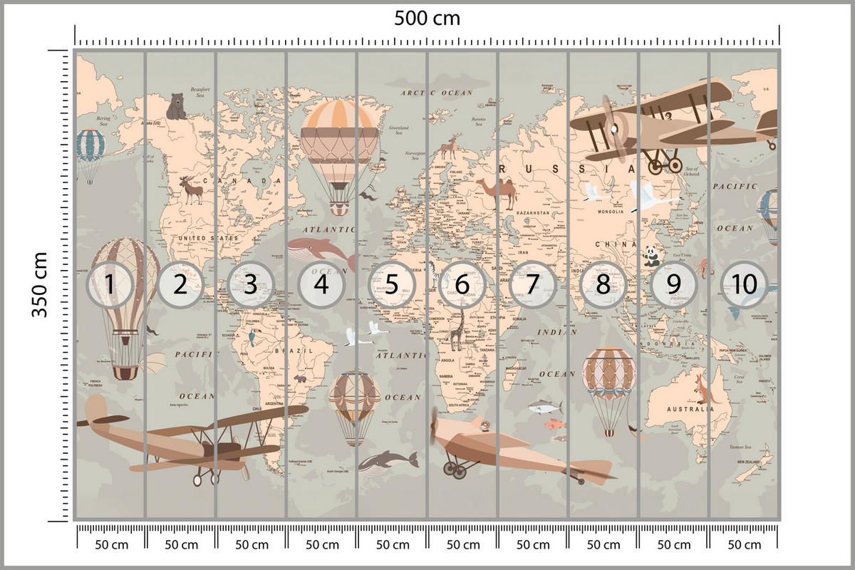 FOTOTAPETE für Kinderzimmer Retro Weltkarte Balony Flugzeuge 500x350 - Beige/Orange, Papier (500/350cm) - Muralo