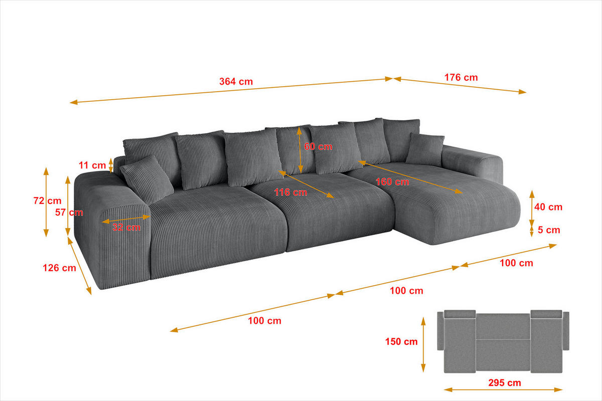 ECKSOFA Ottomane rechts ESKAR-L2 364x176x72 Dunkelgrau Cord - Dunkelgrau/Schwarz, Holzwerkstoff/Kunststoff (176/364cm) - ALTDECOR