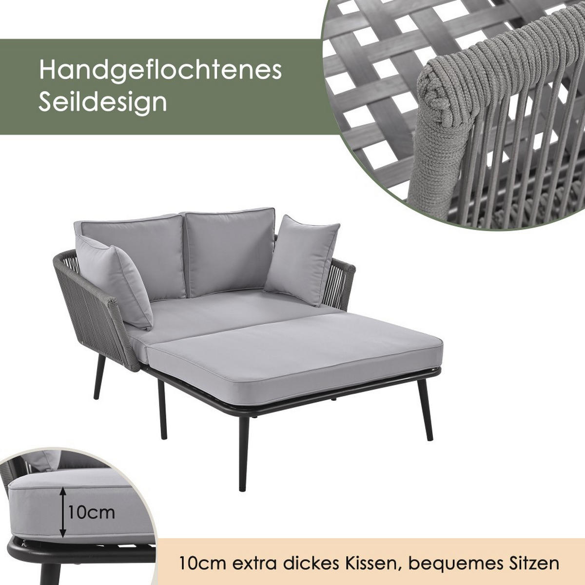 LOUNGESOFA mit 2 Kissen und 2 Polster，Grau - Grau, Textil (130/67/120cm) - KOMHTOM