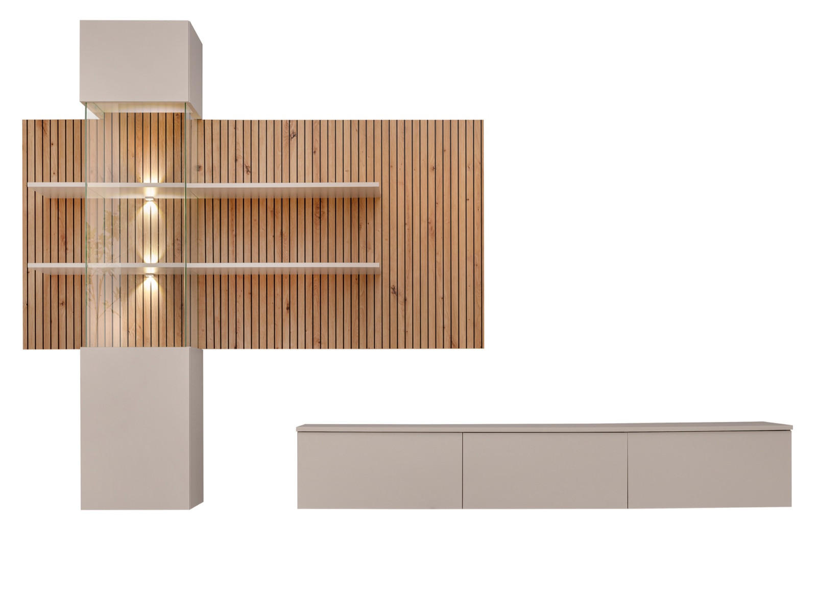 WOHNWAND Sand matt, Eiche Artisan 280 cm, Schrankwand hängend inklusive LED Beleuchtung - Sandfarben/Schwarz, Holzwerkstoff/Metall (280/180/45cm) - Furn.Design