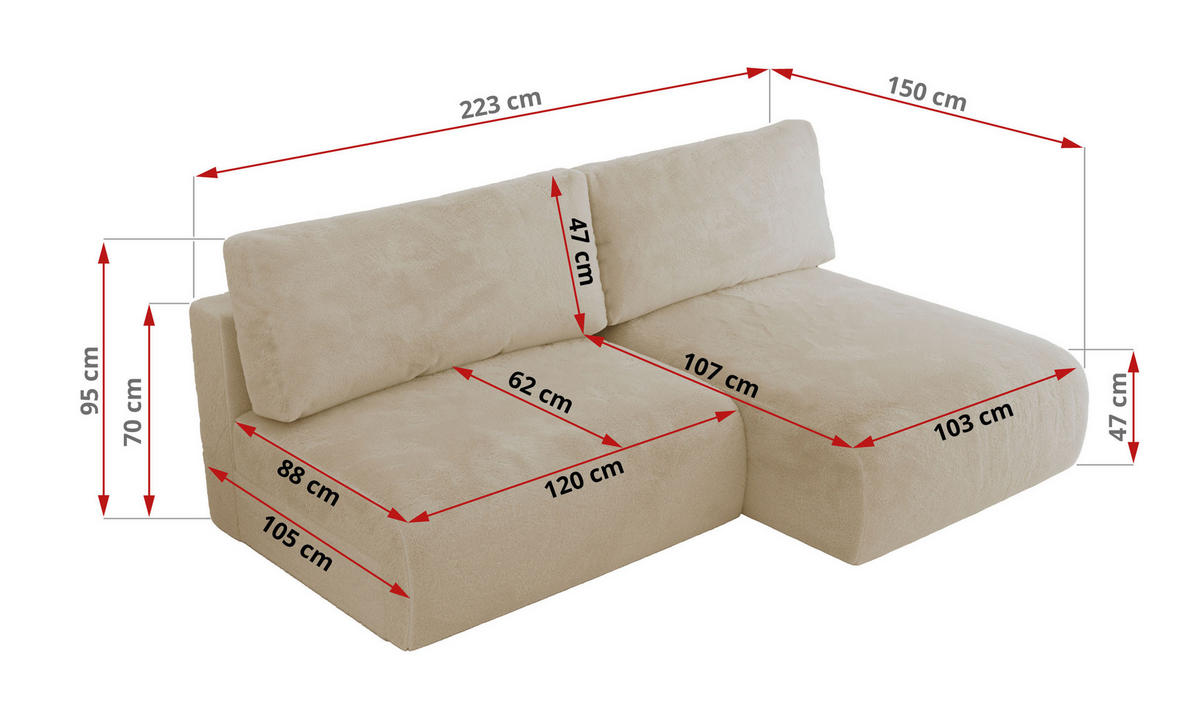 ECKSCHLAFSOFA VIVO L Creme Plüsch - rechts - Creme/Schwarz, Kunststoff/Textil (150/223cm) - MKS