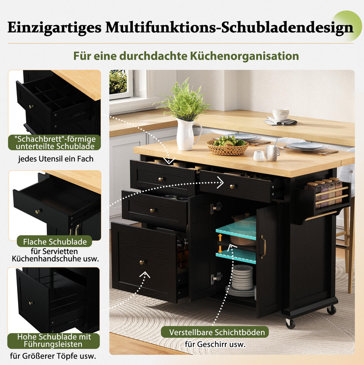 KÜCHENINSEL mit Ausziehplatte 107 x 45-70 x 90,5 cm Schwarz/Natur - Schwarz, Holz (45/90.5/107cm) - Beauniv