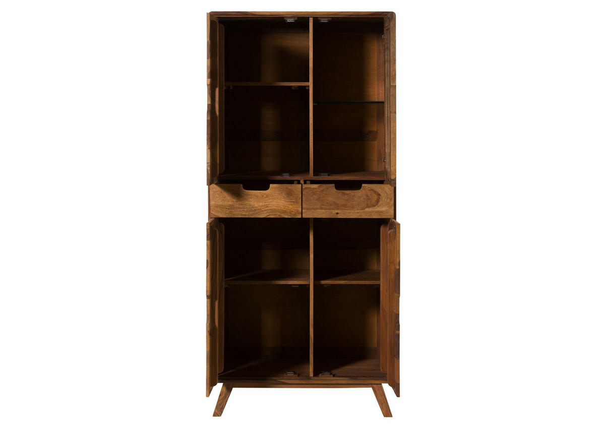 VITRINE Sheesham 85x45x180 natur sandgestrahlt lackiert MALMÖ 2 #232 - Braun, Holz (85/180/45cm) - Massivmoebel24