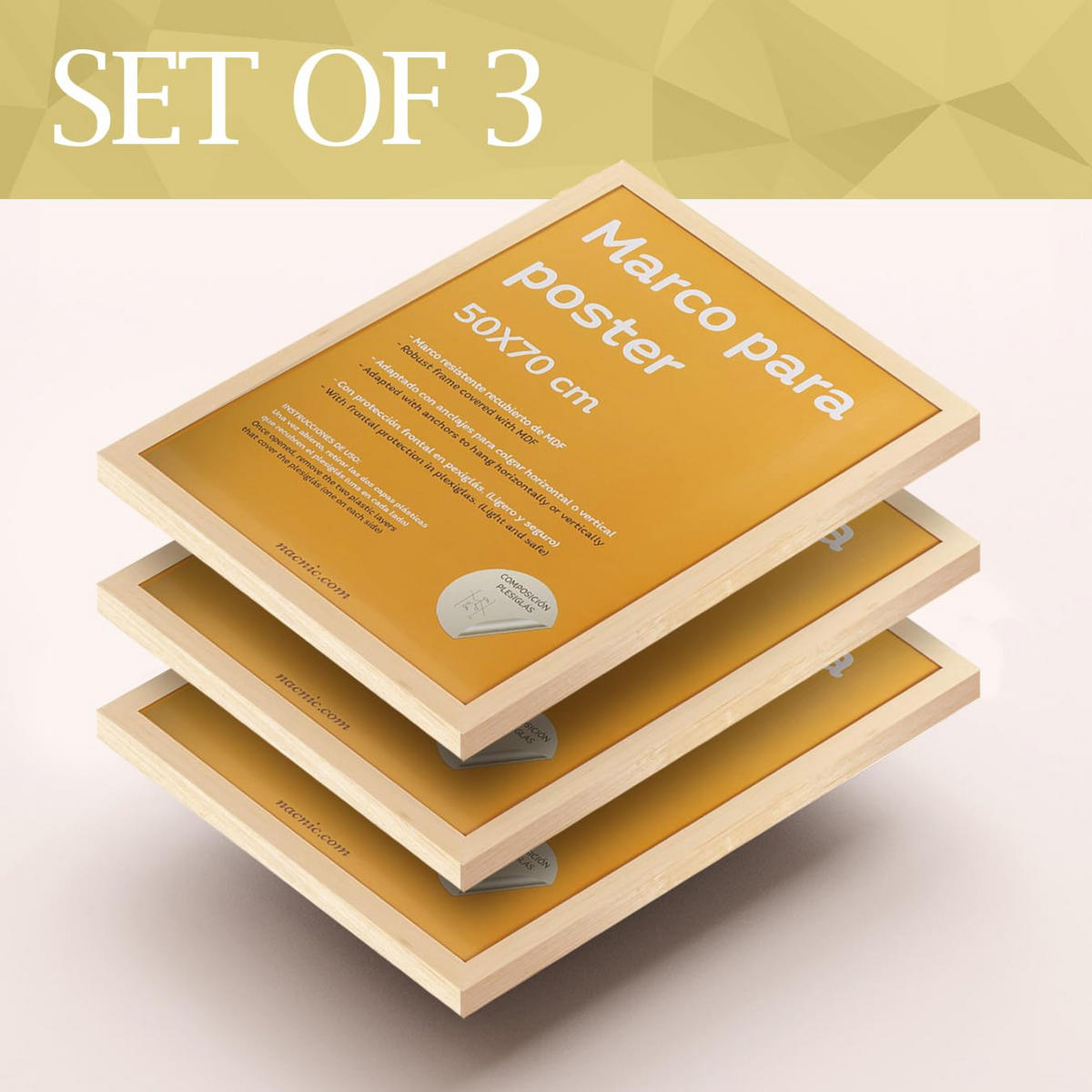 RAHMEN Set mit 3 aus MDF und Acrylglas Schutz und Aussteller für Fotografien, Bilder, Poster, Gemälde, Dekoration für Haus Farbe Hellholz A3 - Beige, Holz (29.7/3/42cm) - Nacnic