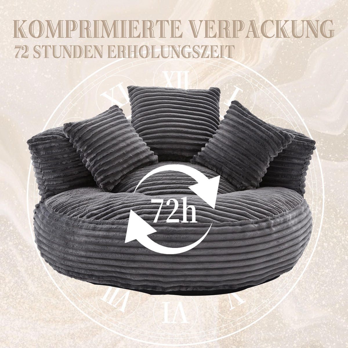 SEDACÍ VAK manšestr tmavě šedý s opěradlem a 3 polštáři - tmavě šedá, textil (108/52/108cm) - Urban Meuble