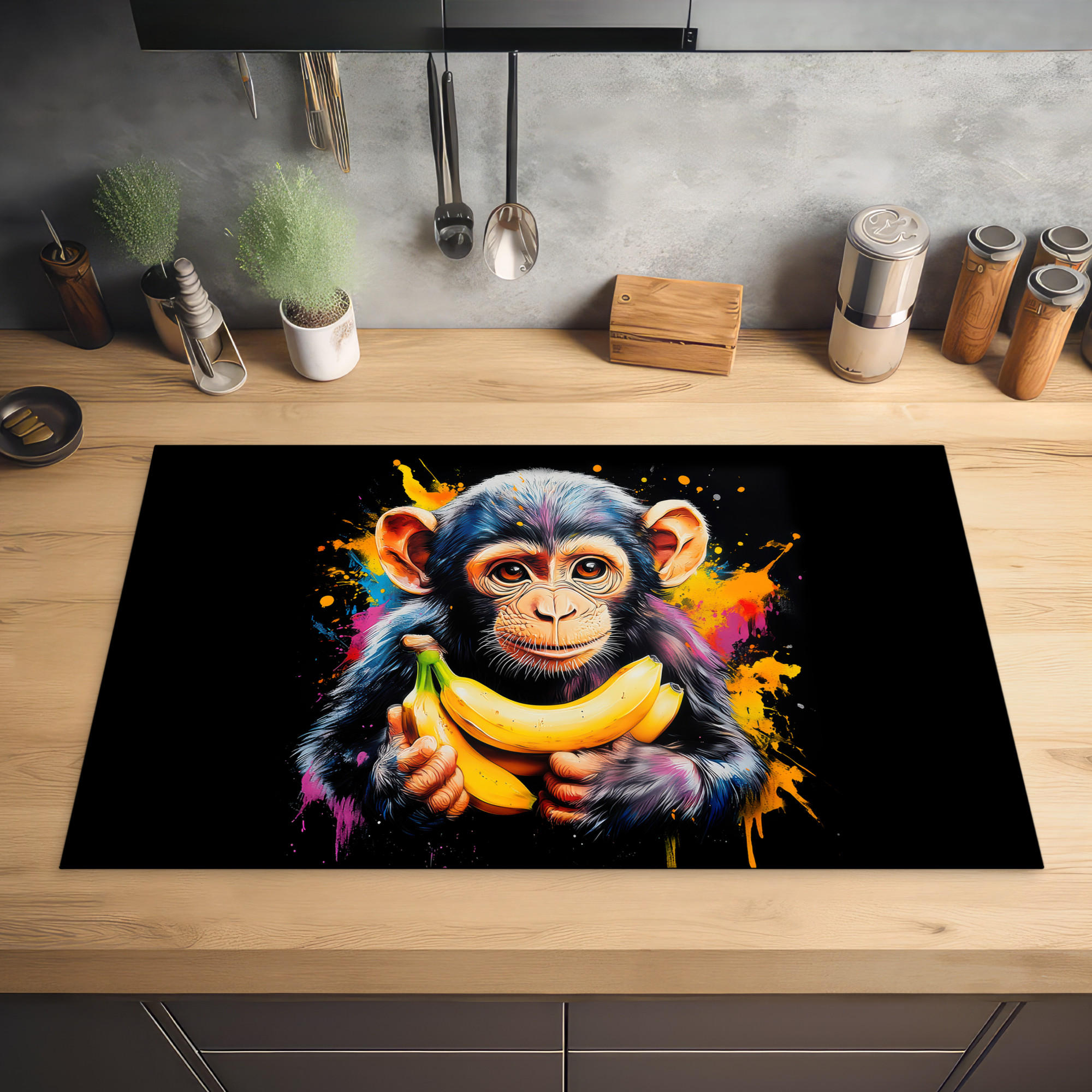 HERDABDECKPLATTE Affe - Graffiti - Farbenfroh - Bananen - Modern 83x51 cm - Gelb, Kunststoff (83/0.2/51.5cm) - MuchoWow