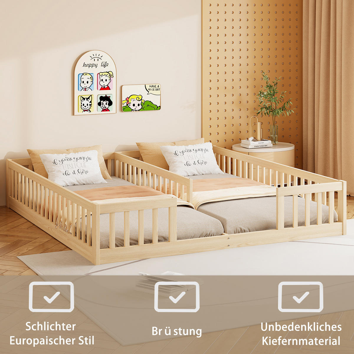 KINDERBETT 90/200 cm & 90/200 cm in Natur mit Sicherheitsgitter und Lattenrost - Naturfarben, Holz/Holzwerkstoff (90/200cm) - WISHDOR