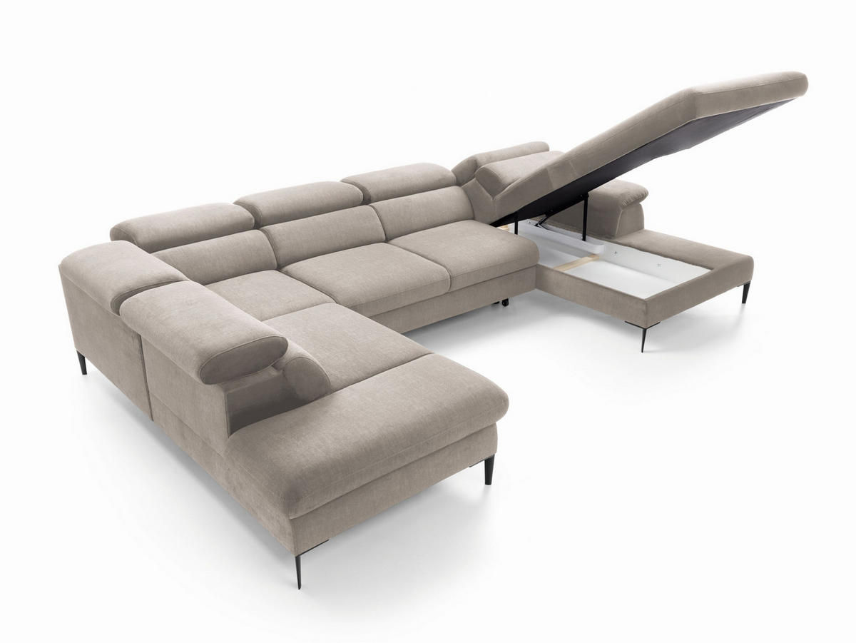 WOHNLANDSCHAFT MESTO Beige Velours-Stoff mit Schlaffunktion - Beige, Holz (353/94/182cm) - MASSENO