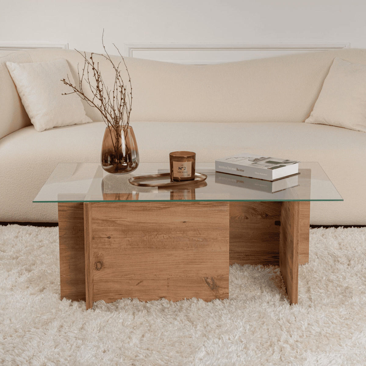 COUCHTISCH mit glasplatte noah 105/65/40 cm - Beige, Holzwerkstoff (105/65/40cm) - Calicosy