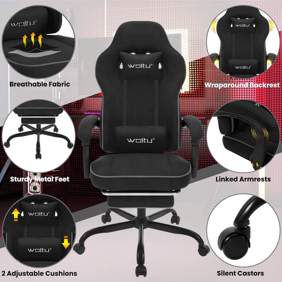 GAMINGSTUHL Drehstuhl, Tech-Stoff, Schwarz - Schwarz, Kunststoff/Textil (63.5/117.5/60cm) - Woltu