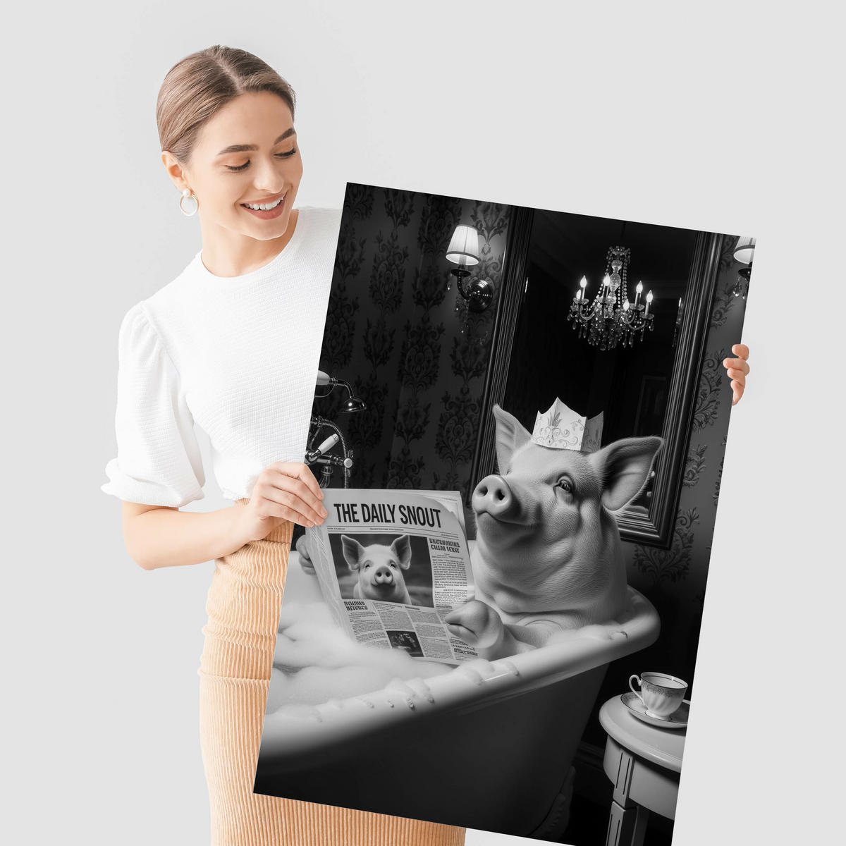 POSTER für Badezimmer WC SCHWEIN in Badewanne Zeitung Abstraktion 30x40cm - Schwarz/Weiß, Papier (30/40/1cm) - Muralo