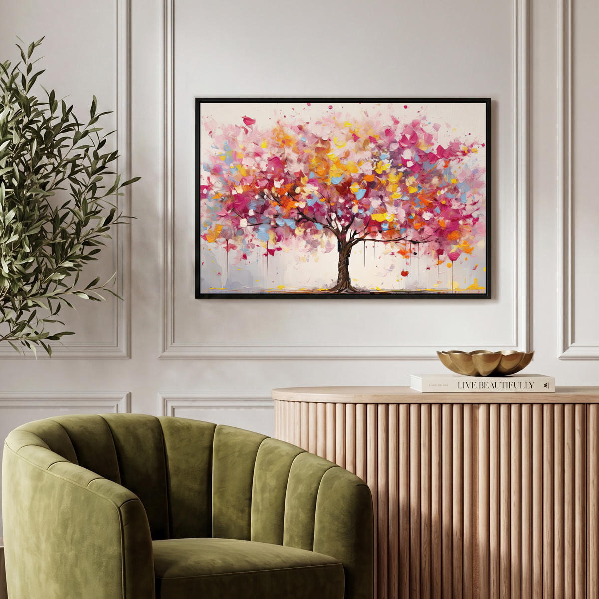 LEINWAND Bilder mit Rahmen - Aquarell - Baum - Kunst - Abstrakt - 60x40 - Multicolor, Textil (60/40cm) - MuchoWow