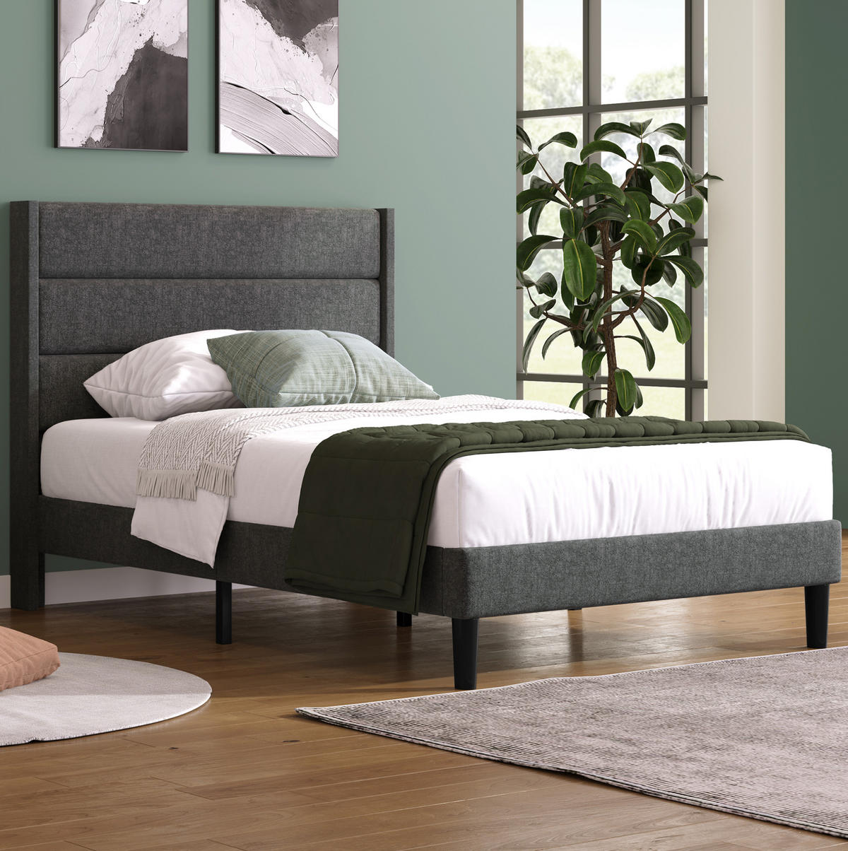 POLSTERBETT 90/200 cm mit gepolstertem Kopfteil und Lattenrost in Dunkelgrau - Dunkelgrau, Textil (90/200cm) - BEAOK