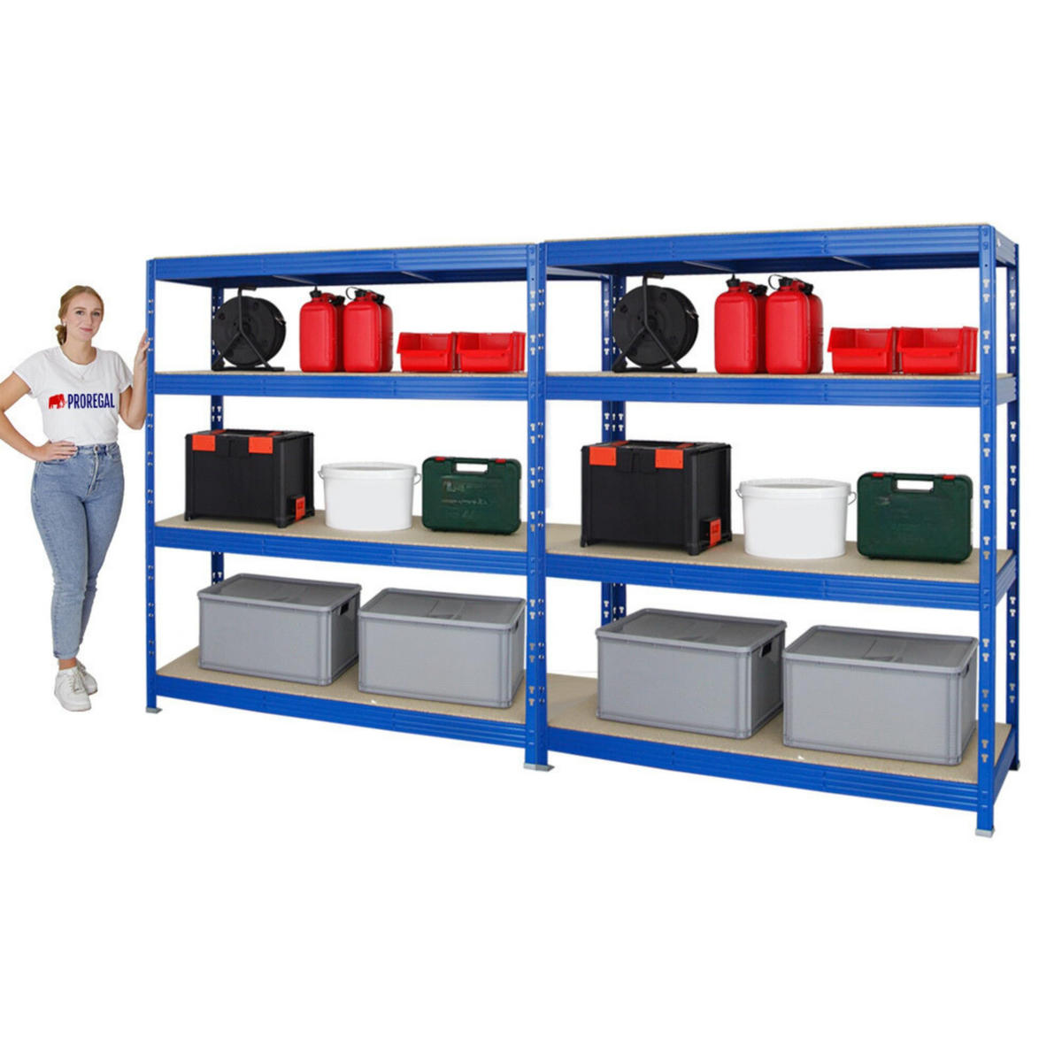 SCHWERLASTREGAL Rhino 2er-Set mit 2x 180x160x60 cm 4 Spanplatten-Ebenen 16mm Fachlast 500 kg Blau - Blau, Metall (320/180/60cm) - PROREGAL