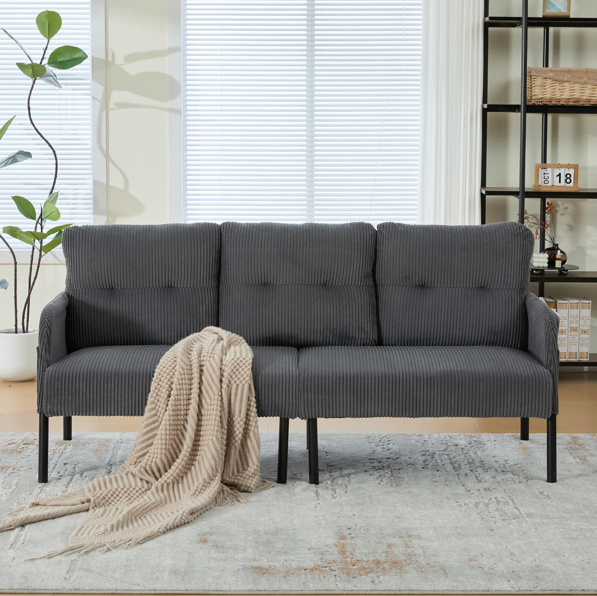 SOFA Dreisitzer mit Seitentasche 171 x 72 x 80 cm Cord Gray - Grau, Kunststoff (171/80/72cm) - Meubliv