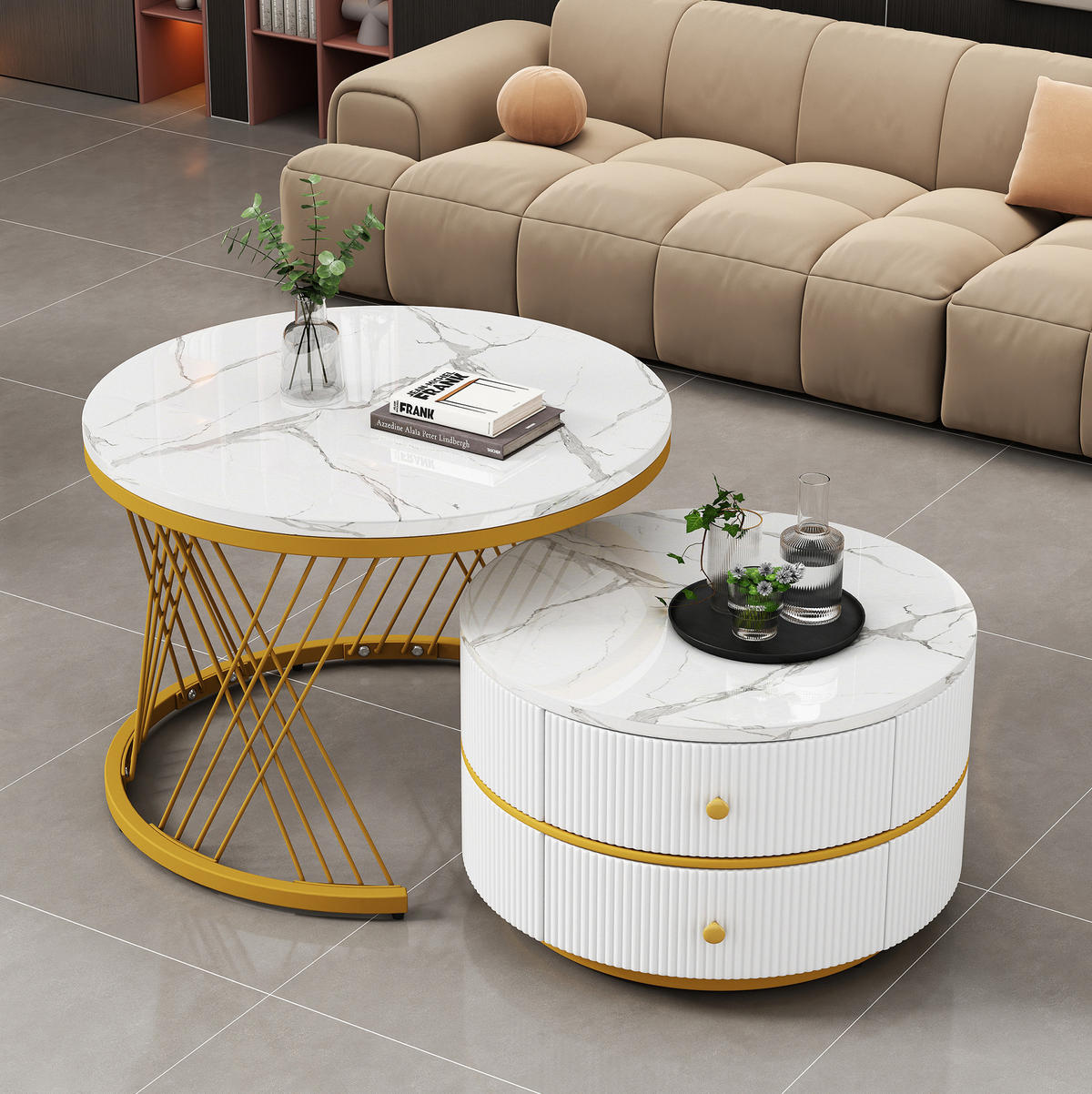 COUCHTISCH-SET 60/60/46 & 50/50/30,8 cm in Weiß mit Marmoroptik und 2 Schubladen - Weiß, Holzwerkstoff (60/60/46cm) - Flora Grace