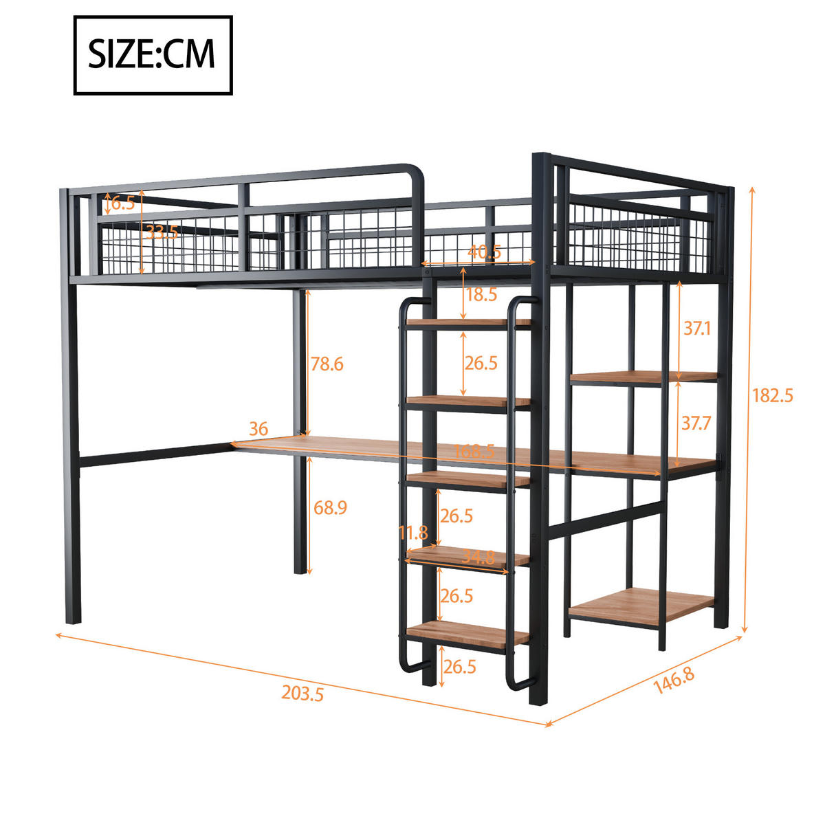 HOCHBETT 140/200 cm Schwarz aus Metall mit Schreibtisch und Regal - Schwarz, Metall (140/200cm) - OKMYHOME