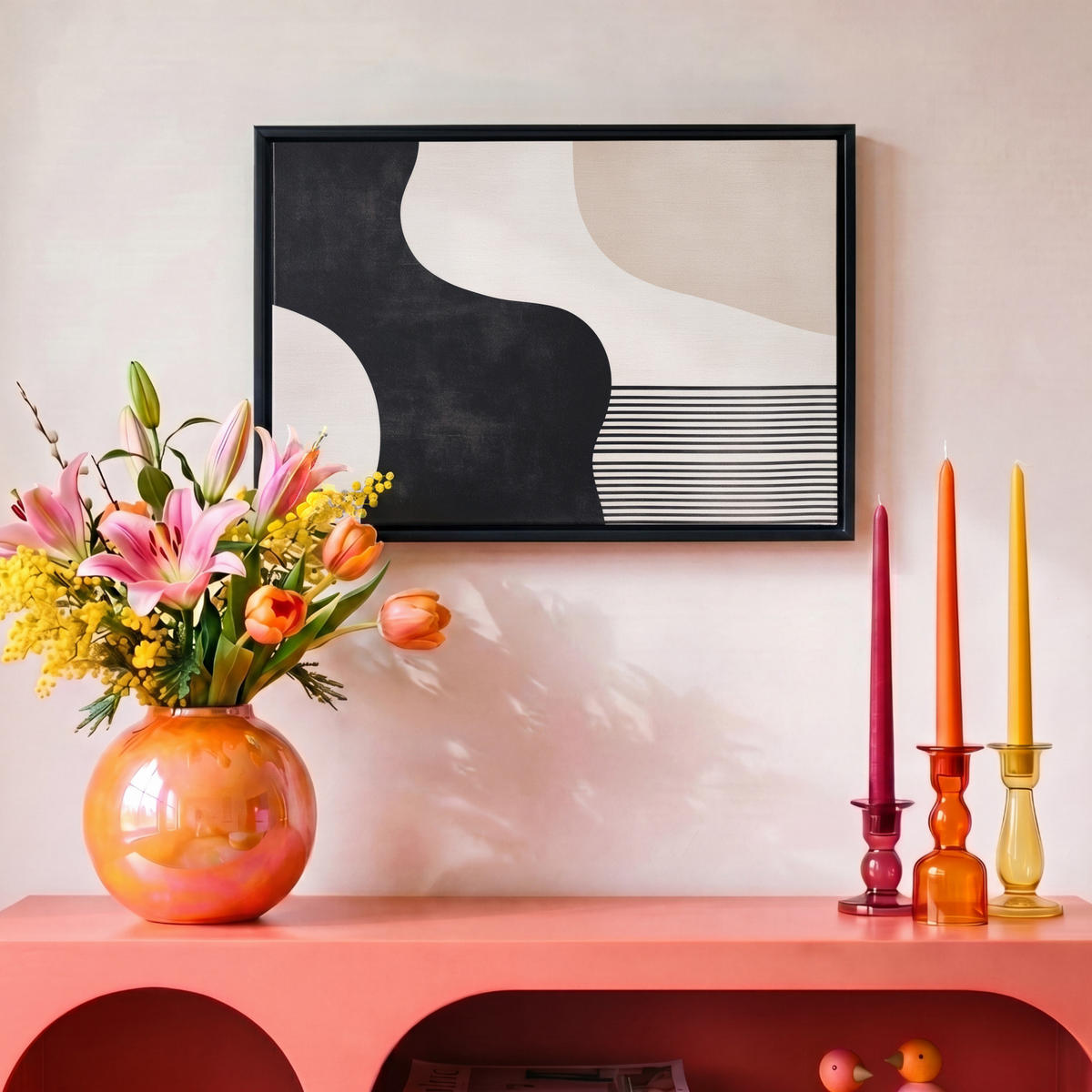 LEINWAND Bilder mit Rahmen - Abstrakt - Japandi - Beige - Modern - 30x20 - Schwarz, Textil (30/20cm) - MuchoWow
