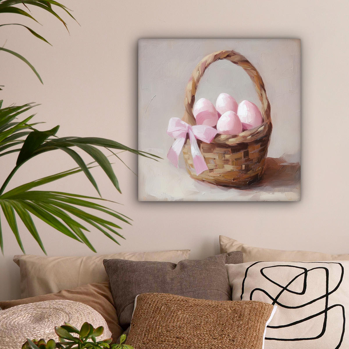 LEINWANDBILD Korb - Eier - Rosa Wandbild Wohnzimmer 50x50 cm - Beige, Textil (50/50cm) - MuchoWow