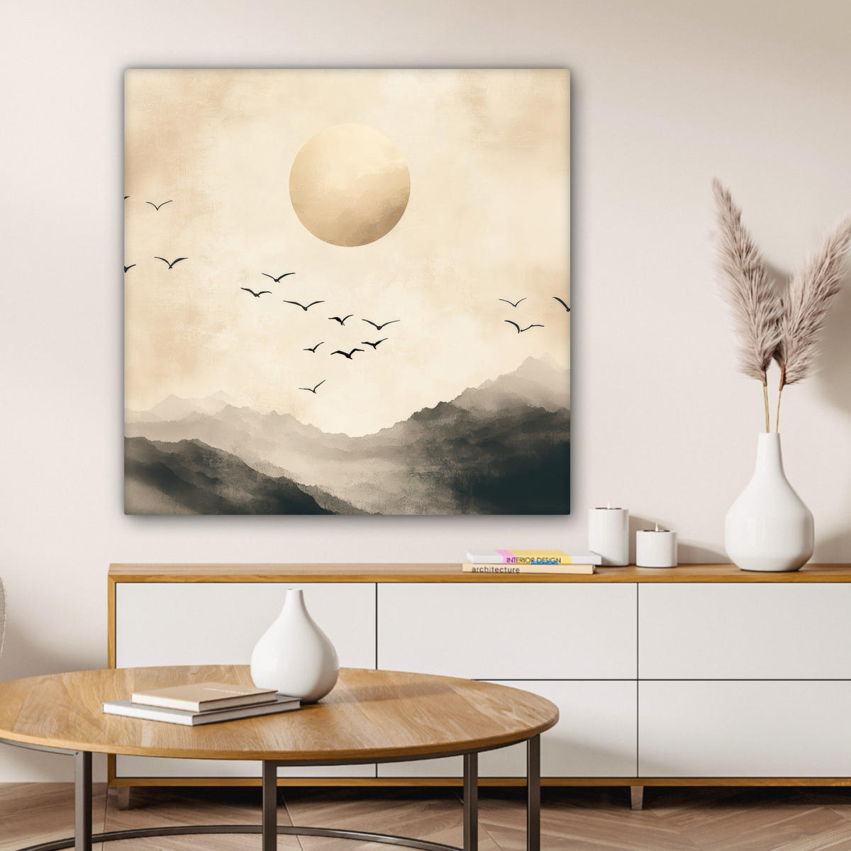 LEINWANDBILD Landschaft - Japandi - Vogel 90x90 cm - Beige, Textil (90/90cm) - MuchoWow