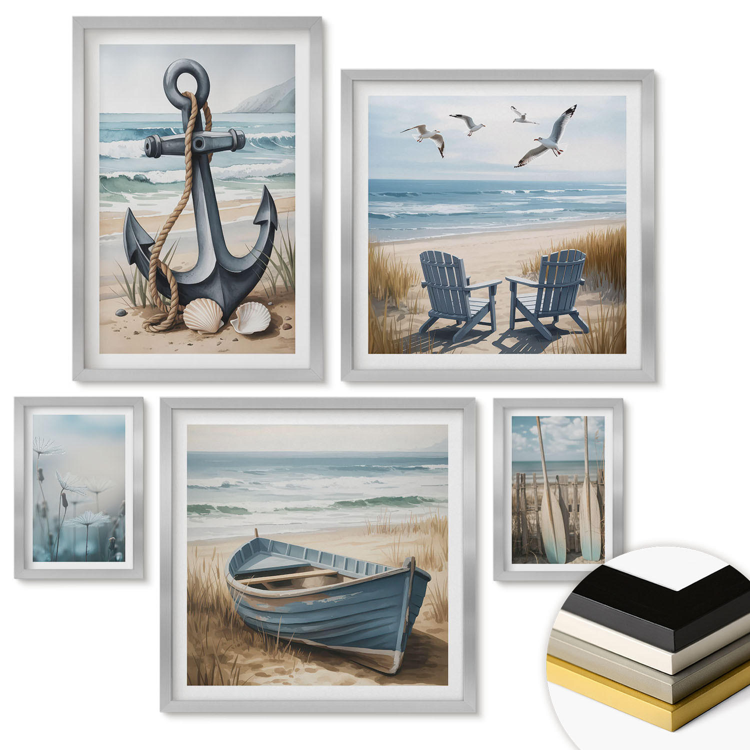 WANDBILDER 5er Set - 50x50 cm & 20x30 cm & 40x60 cm Silberner Rahmen - Waldlandschaft, See Łódź - Silberfarben, Kunststoff (40/60cm) - ArtPrintCave