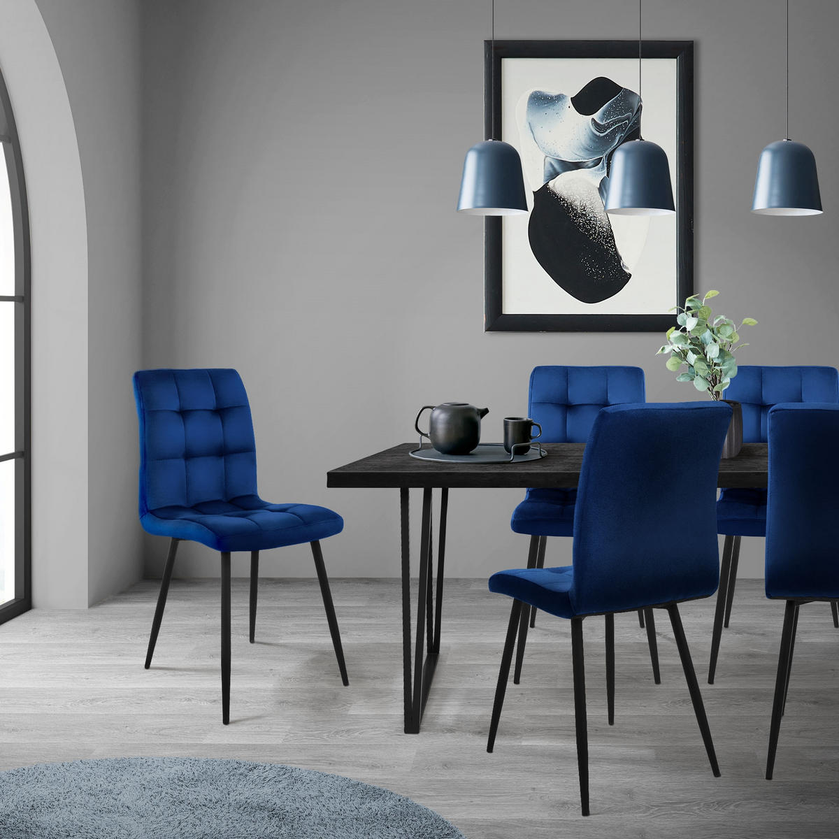 ESSZIMMERSTUHL Samt Dunkelblau 4er Set - Schwarz/Dunkelblau, Metall (41/89/49cm) - ML-DESIGN