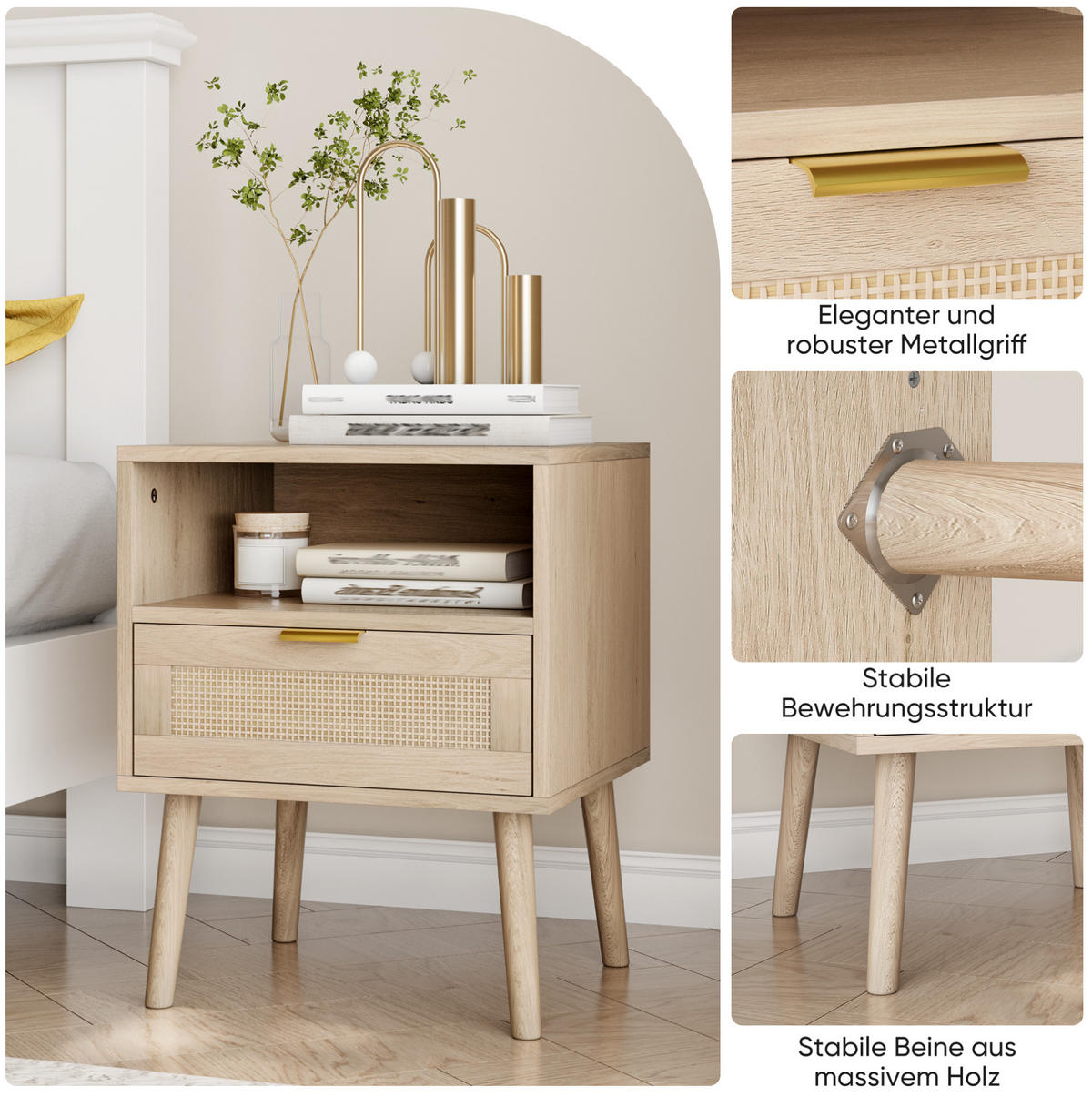 NACHTTISCH aus MDF und Holzwerkstoff 45x40x55 cm Eichefarben mit Schublade und offenem Fach in Rattan-Optik - Nussbaumfarben, Holzwerkstoff (45/55/40cm) - Modfu
