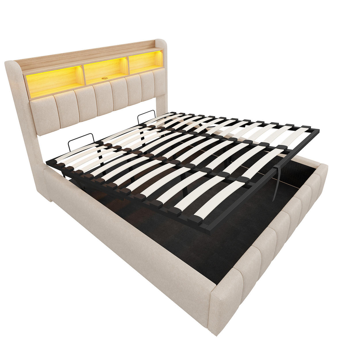 POLSTERBETT 180/200 cm mit LED-Beleuchtung, USB-C, Stauraum und hydraulischem Bettkasten, Beige - Beige, Textil (180/200cm) - Redom