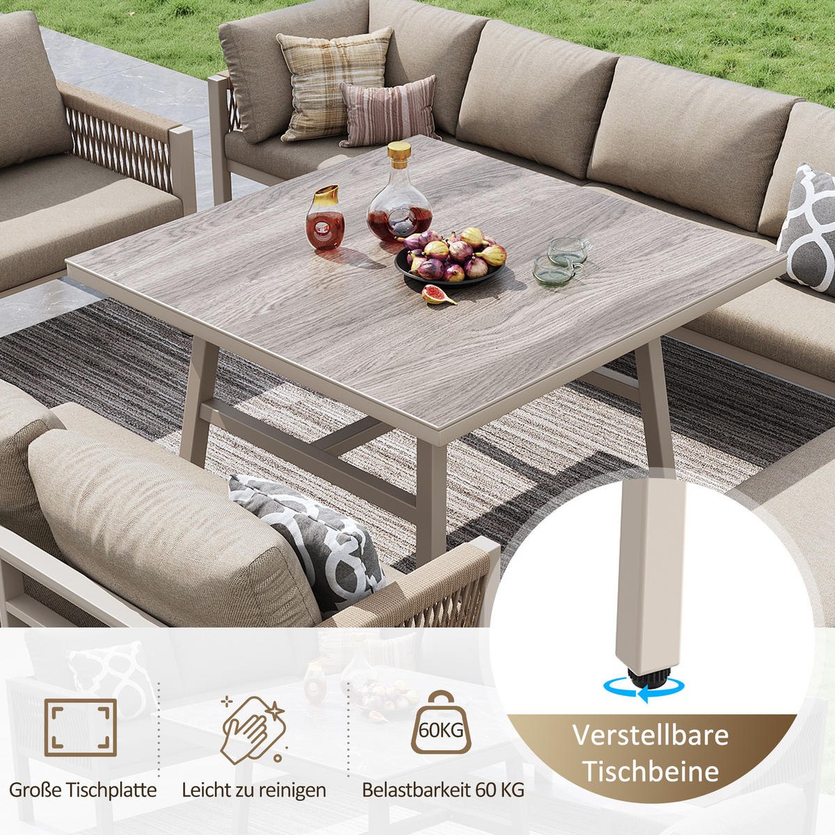 GARTENSET L-Form 8 Personen Beige Inkl. Tisch & 1 Sessel - Beige, Metall - FLIEKS
