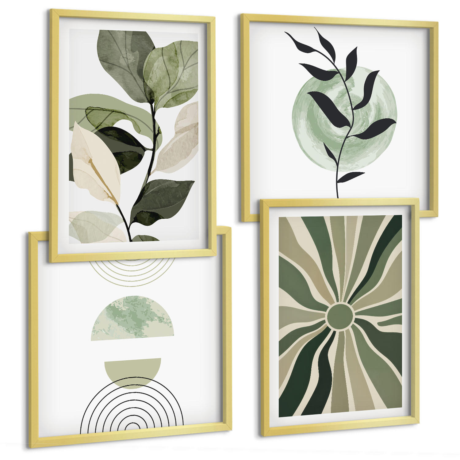 BILDER SET 4er Set - 50x50 cm & 40x60 cm Goldrahmen - Geometrische Pflanzenformen - Goldfarben, Kunststoff (50/50cm) - TULUP