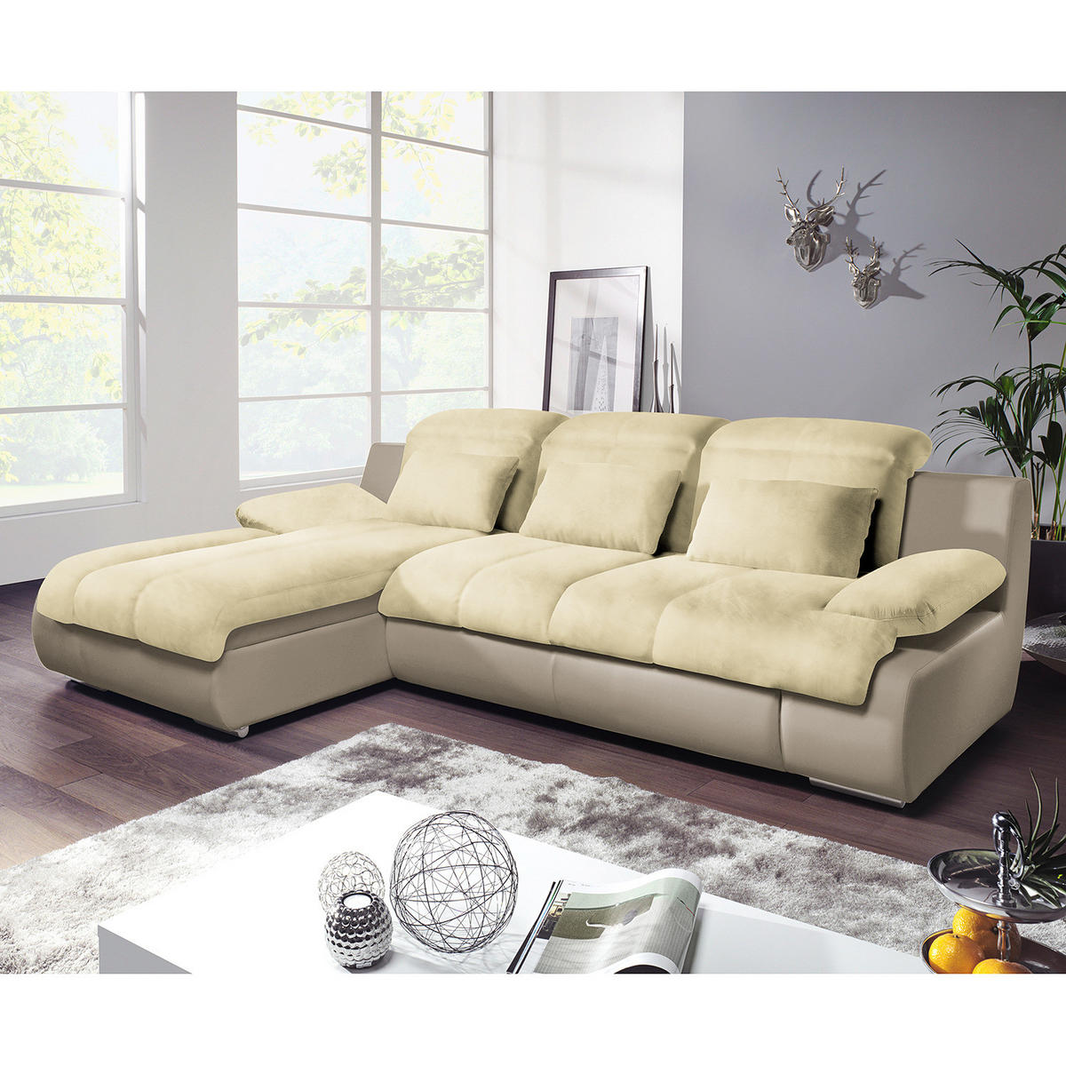 ECKSOFA mit Schlaffunktion - Kunstleder / Mikrofaser - Sandfarben/Beige, Kunststoff/Textil (260/184cm) - home24