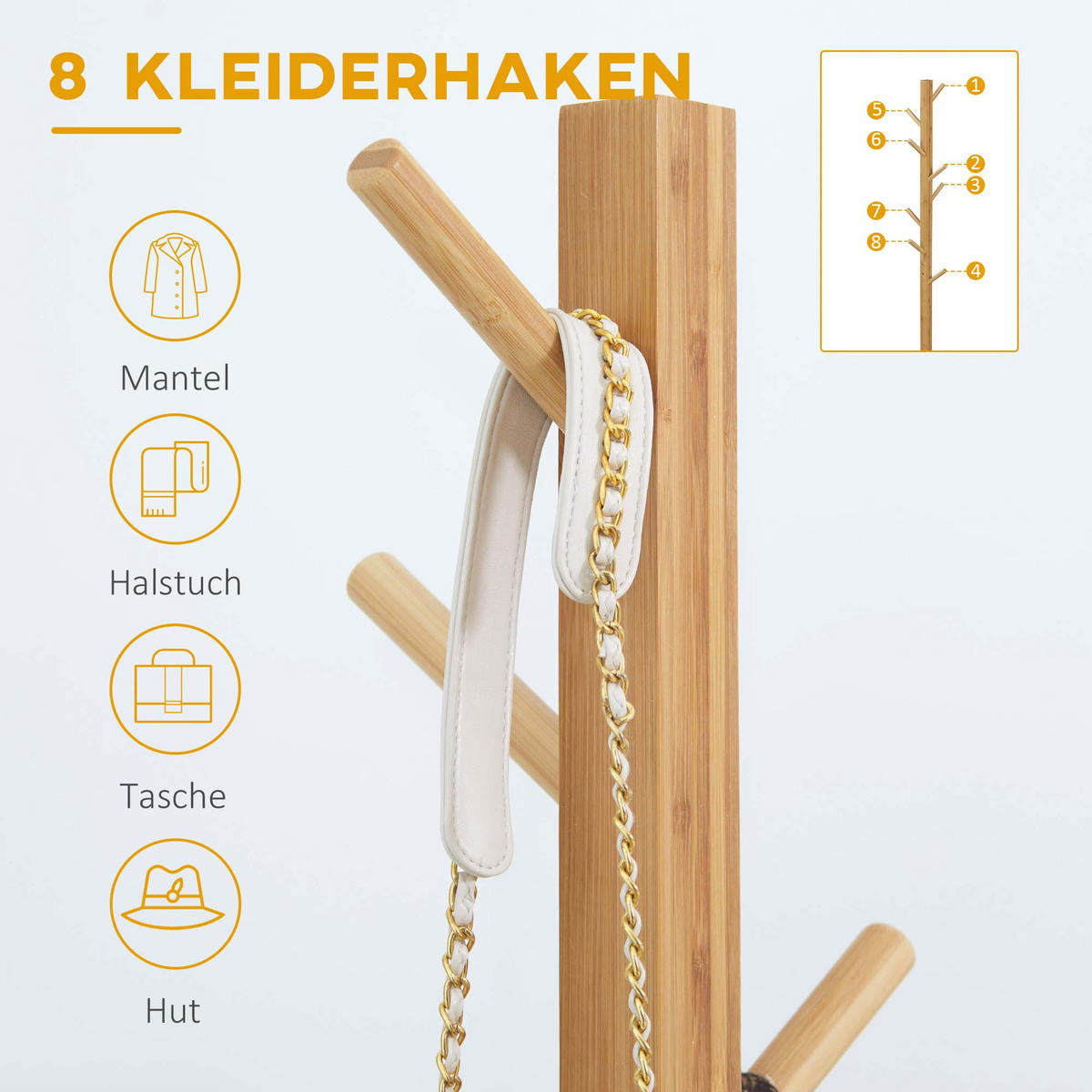GARDEROBENSTÄNDER aus Bambus, Kleiderständer mit 8 Haken, Jackenständer für Flur - Naturfarben, Naturmaterialien (49.5/178/49.5cm) - HOMCOM