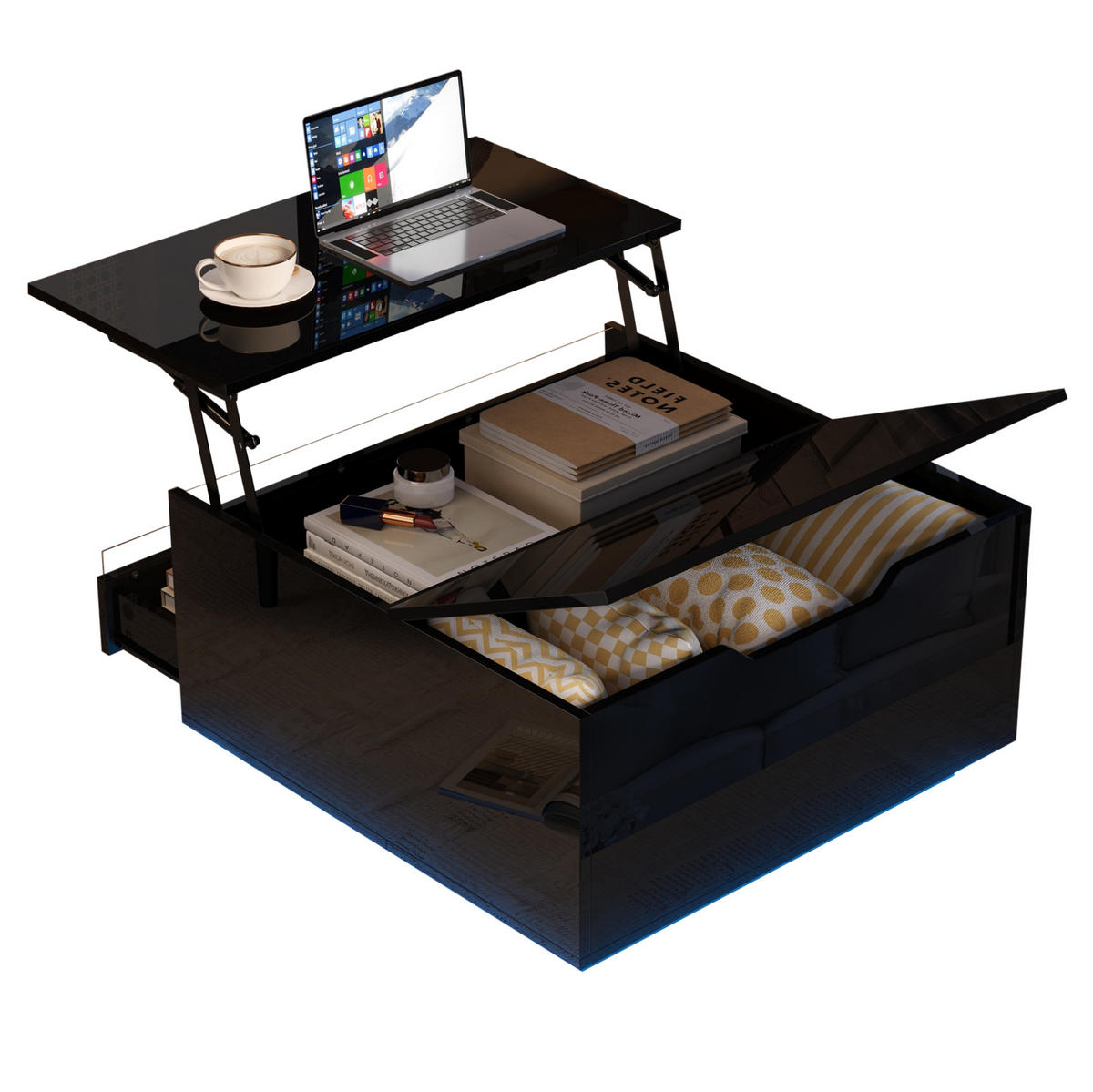 COUCHTISCH 70/70/38 cm mit anhebbarer Tischplatte, LED-Beleuchtung, Schublade und verstecktem Stauraum, Schwarz - Schwarz, Holzwerkstoff (70/70/38cm) - Redom
