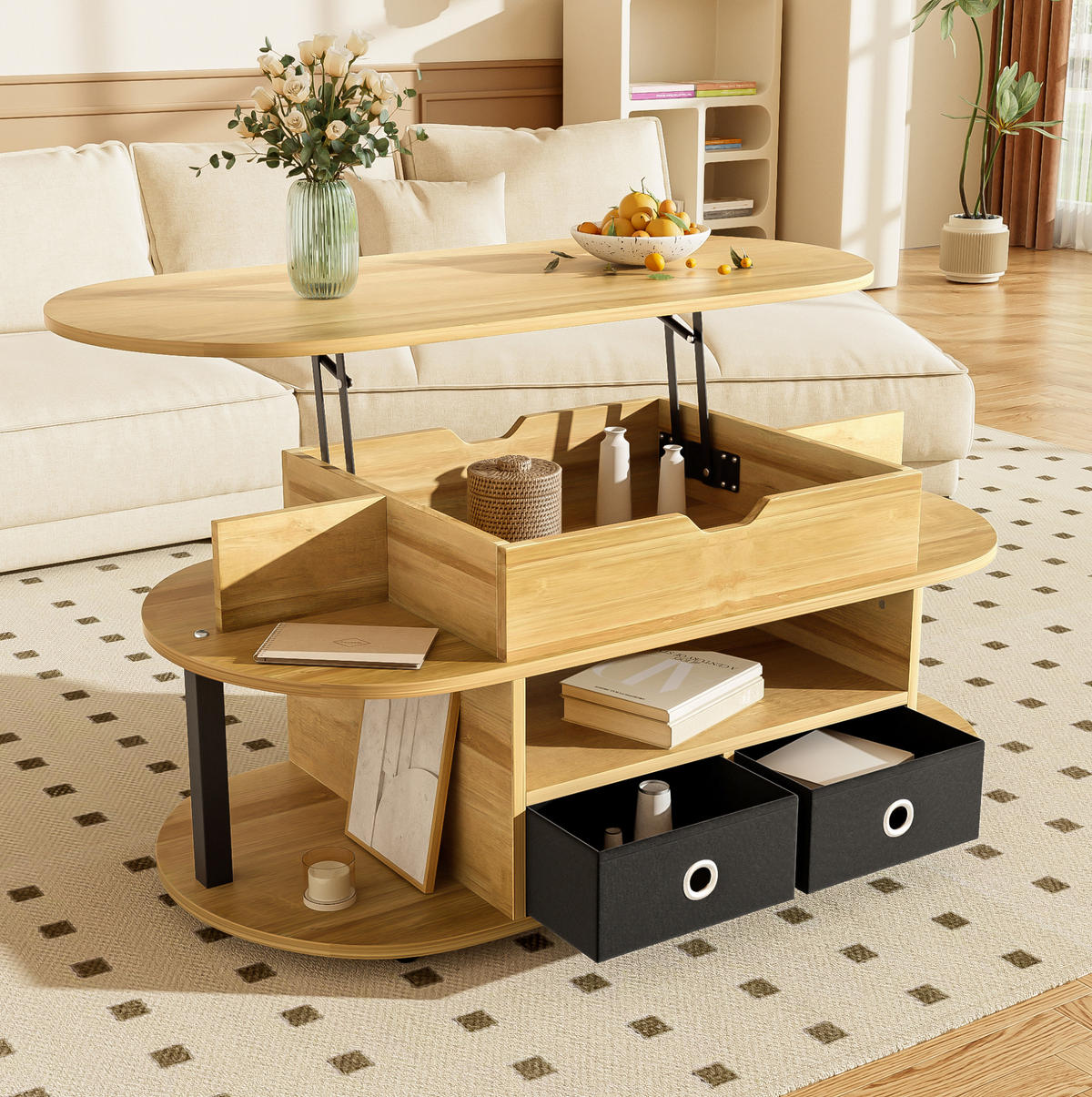 COUCHTISCH 105/50/60 cm Holzmaserung mit Hebefunktion und 2 Stoffschubladen - Schwarz, Holzwerkstoff (105/50/60cm) - OKWISH
